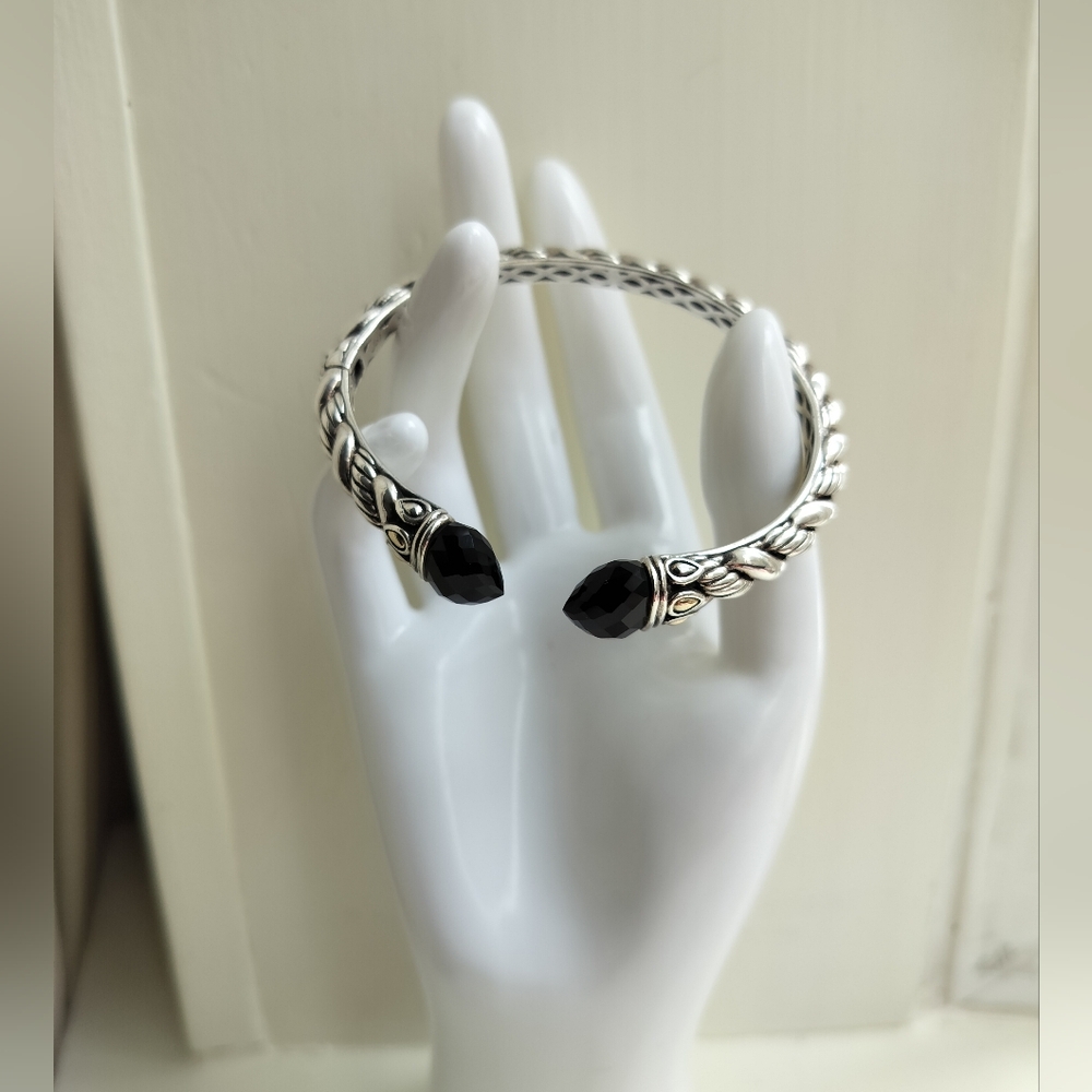 JAI Sterling Silver And 14 K  Gold Cuff Bracelet Onyx Stone Women's